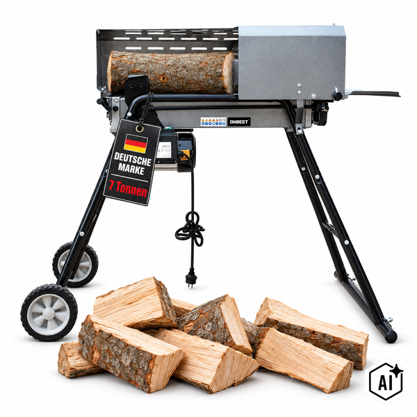 Elektrischer Holzspalter von Onbest mit 7 Tonnen Spaltkraft, fahrbares Gestell mit zwei Rädern und Haufen gespaltenem Holz.