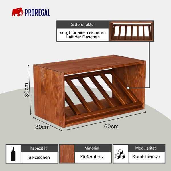 ProRegal Logo. Modulares Weinregal aus Kiefernholz für 6 Flaschen. Maße: 60 mal 30 mal 30 Zentimeter. Mit Gitterstruktur für einen sicheren Halt.