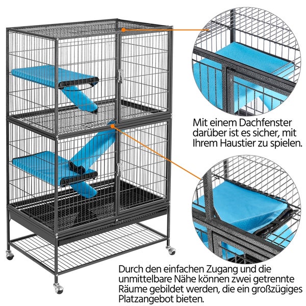 Mehrstöckiger Haustierkäfig aus Metall mit Rädern und blauen Liegeflächen