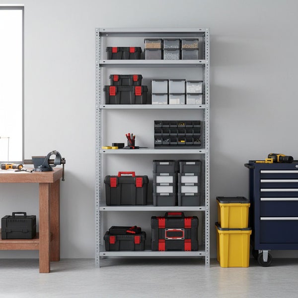 Organisierte Werkstatt mit einem Metallregal voller Werkzeugkoffer und Kleinteilemagazine, einer Werkbank aus Holz und einem Werkstattwagen.