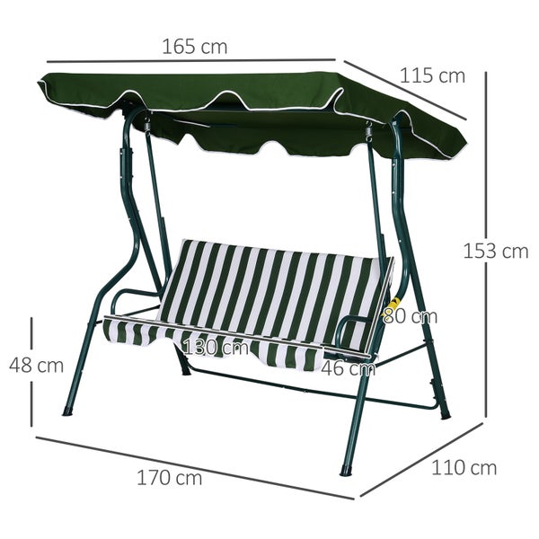 Outsunny Hollywoodschaukel, 3-Sitzer Gartenschaukel, Verstellbares Sonnendach, 170 x 110 x 153 cm, Metallrahmen, Grün