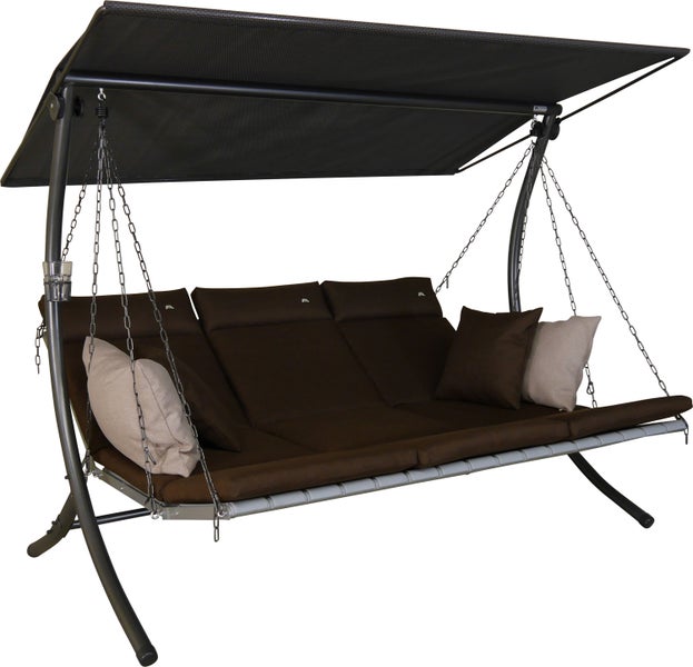 Gartenschaukel mit Dach, braunen Polstern und Kissen