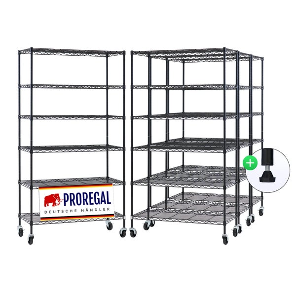 Proregal Logo, Metall-Gitterregal mit 6 Fachböden, Rollen und höhenverstellbaren Standfüßen.