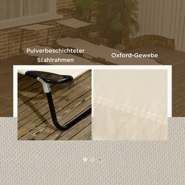 Detailansicht einer Sonnenliege mit pulverbeschichtetem Stahlrahmen und Oxford-Gewebe auf einer Holzterrasse.