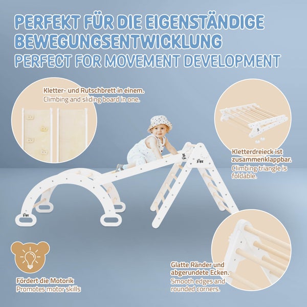 Weißes Kinder-Kletterset mit Kletterbogen, klappbarem Kletterdreieck und kombinierter Rutsch- und Kletterplanke mit abgerundeten Ecken.