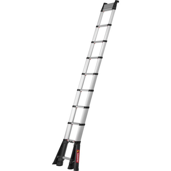 Ausziehbare Telesteps Teleskopleiter aus Aluminium mit mehreren Sprossen und stabilen Füßen.