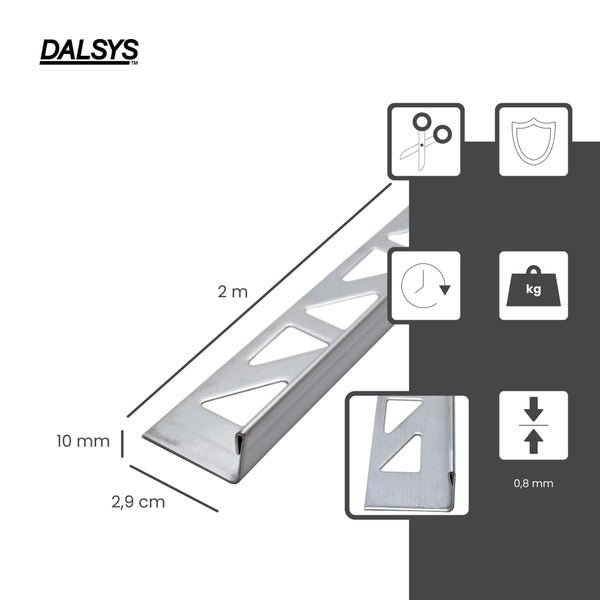 DALSYS Logo. Metall-Fliesenprofil, 2 Meter lang, 10 Millimeter hoch, 2,9 Zentimeter breit, 0,8 Millimeter Materialstärke, zuschneidbar, robust.