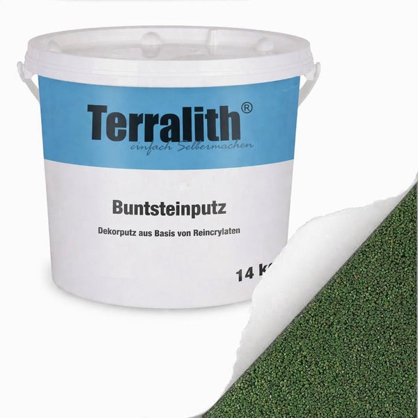 Terralith Buntsteinputz, Dekorputz auf Basis von Reinacrylaten, 14 Kilogramm Eimer mit grüner Strukturprobe.