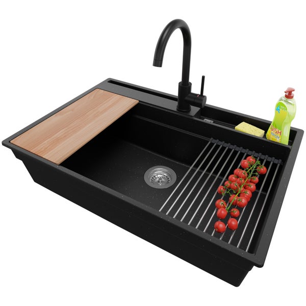 PRIMAGRAN Granitspüle Schwarz Metallic 78x53cm, Spülbecken 1 Becken + Küchenarmatur 32x20cm + Ablauf-Set + Küchenzubehörset, Küchenspüle ab 80er Unterschrank - Oslo Pocket