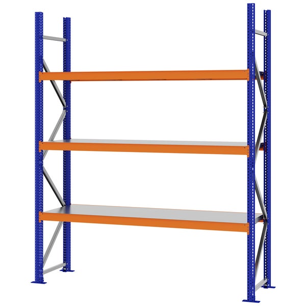 Schwerlastregal aus Metall mit blauem Rahmen und drei orangefarbenen Regalböden für die Lagerung.