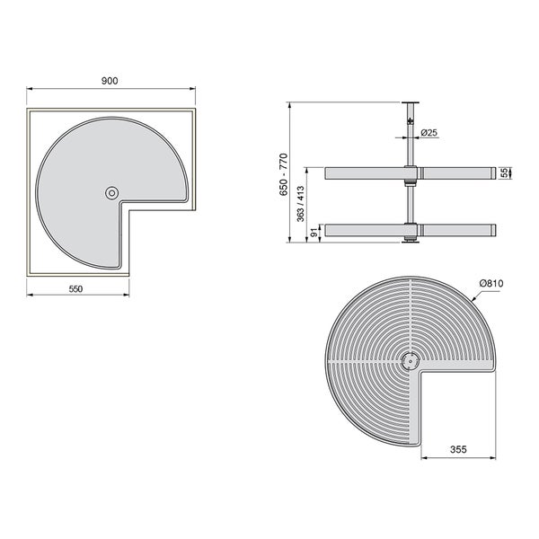 Technische Zeichnung eines Küchen-Eckschrank-Karussells mit zwei Etagen, Durchmesser 810 mm, verstellbare Höhe 650 bis 770 mm.