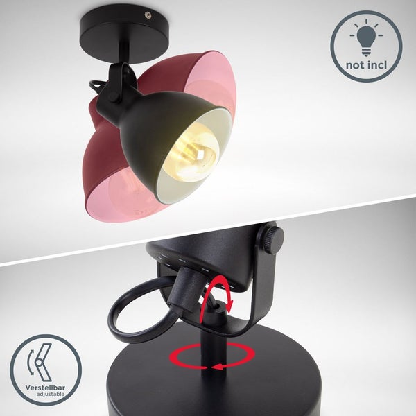 Verstellbarer schwarzer Deckenspot aus Metall mit schwenkbarem Kopf. Ohne Leuchtmittel und verstellbare Funktionen.