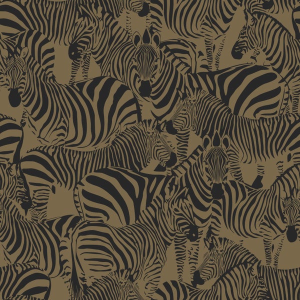 Vliestapete mit einem dichten Muster aus überlappenden Zebras in grafischem Stil.