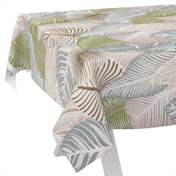 Textile Tischdecke mit großflächigem Blättermotiv im tropischen Stil.