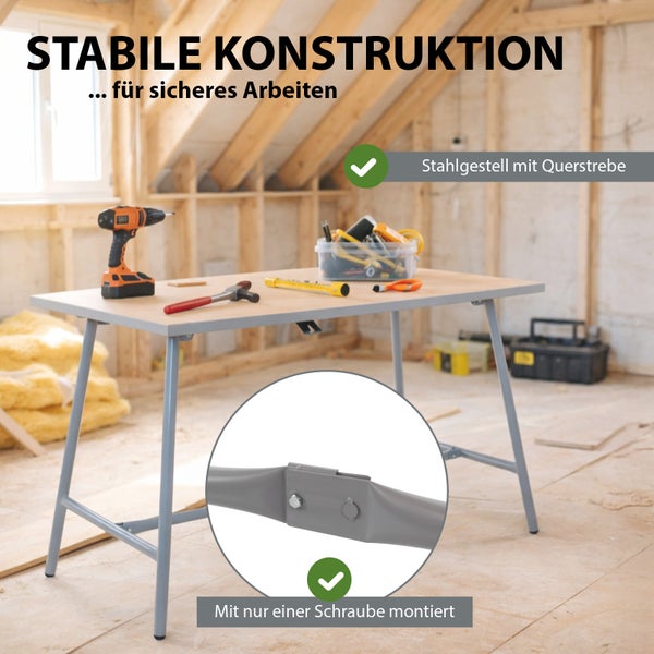 Stabiler Werktisch mit Holzplatte und Stahlgestell mit Querstrebe in einer hellen Werkstattumgebung mit Werkzeugen auf der Tischplatte.