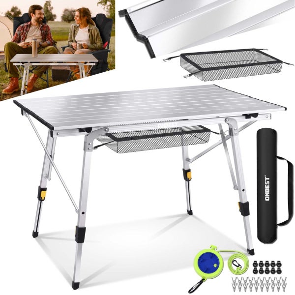 Klappbarer Campingtisch aus Aluminium mit höhenverstellbaren Beinen, Netzablage unter der Tischplatte, Tragetasche und Zubehör für den Außenbereich.