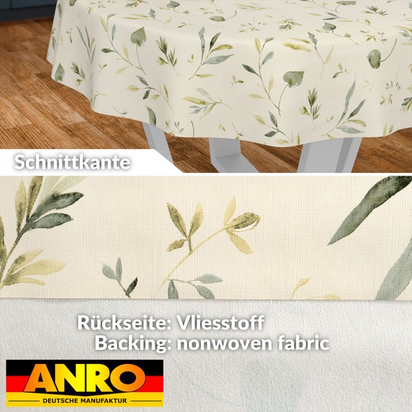 Rundes Wachstuch mit Blattmuster, Schnittkante und Rückseite aus Vliesstoff. ANRO Deutsche Manufaktur Logo.