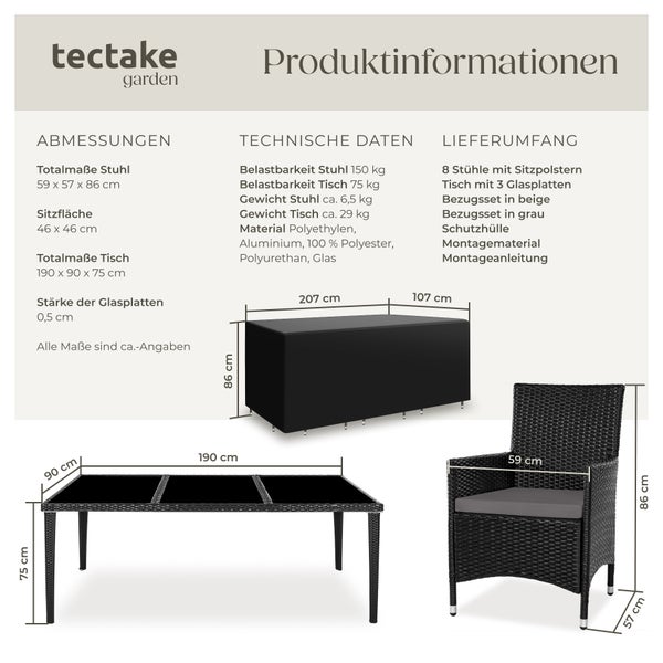 Rattan Sitzgruppe tectake Menorca 2 Bezugssets, inklusive Schutzhülle mit Aluminiumgestell schwarz