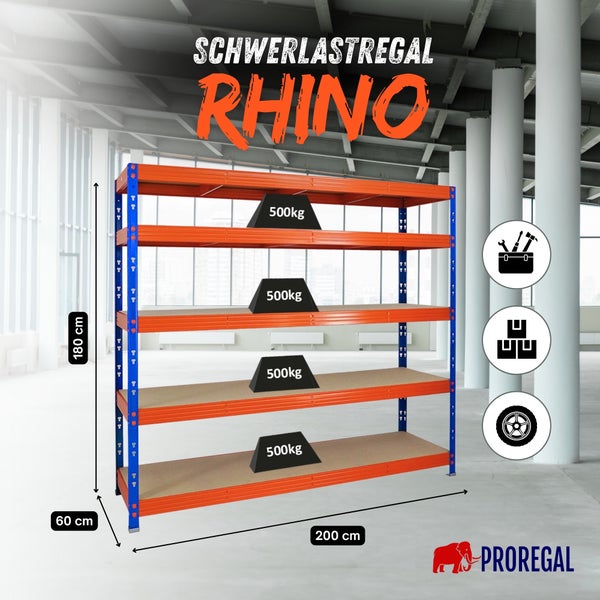 Schwerlastregal Rhino, 180 Zentimeter hoch, 200 Zentimeter breit, 500 Kilogramm Tragkraft pro Boden, für Werkzeug, Kisten und Reifen, Proregal Logo.