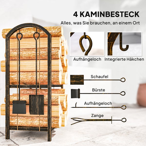 Kaminbesteckset mit Halterung und vier Werkzeugen: Schaufel, Besen, Zange und Schürhaken, zusammen mit Holzscheiten.
