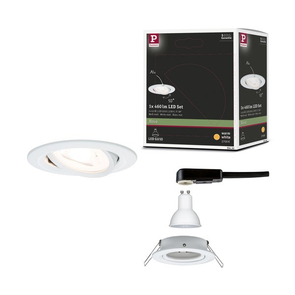 Paulmann LED Einbaustrahler Set Nova mit schwenkbarem Strahler, LED Leuchtmittel GU10, Anschlusskabel und Produktverpackung.