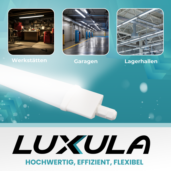 Anwendungsbeispiele der Luxula LED-Röhre für Werkstätten, Garagen und Lagerhallen