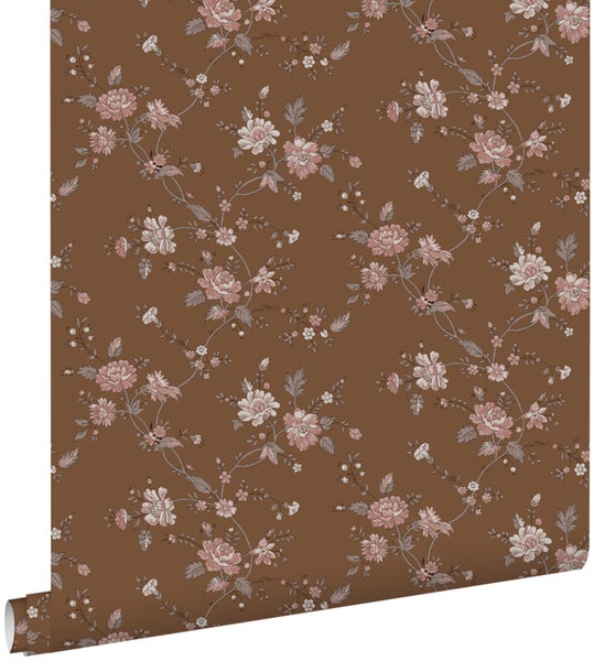 ESTAhome Tapete Blumen Rostbraun und Rosa - 53 cm x 10,05 m - 139286