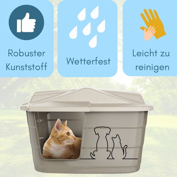 Katzenhaus aus robustem und wetterfestem Kunststoff, leicht zu reinigen.