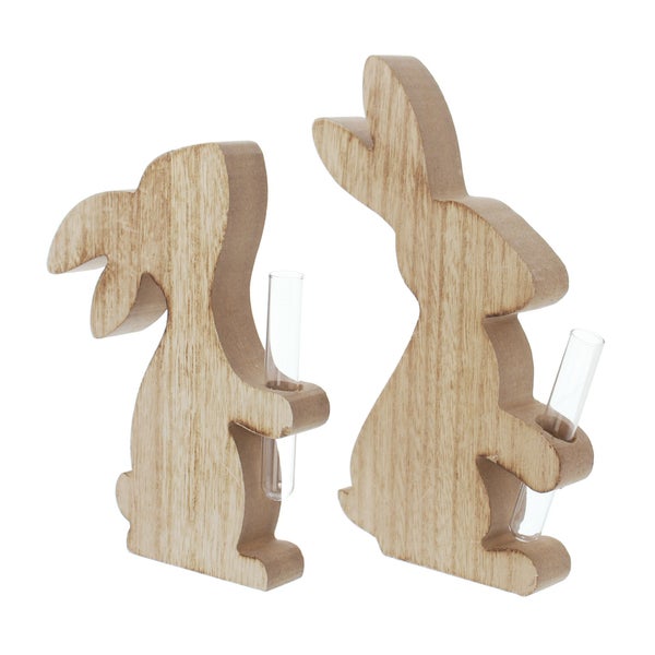 FRANK FLECHTWAREN | Hase mit Vase, 2er Set, HOLZ, 14 x 2 x 18 cm, 15 x 2 x 22 cm, ohne Blumen