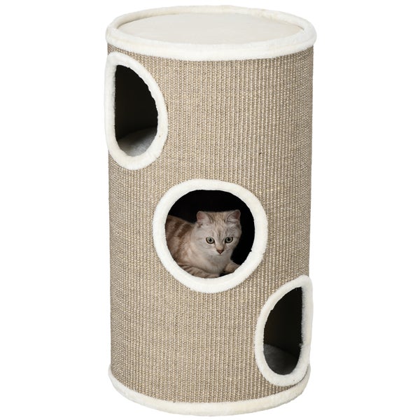 PawHut Kratztonne, Höhe 70 cm, Spieltonne für Katzen, 3 Ebenen, Katzenkratzbaum mit 3 Höhlen, Katzenbaum, Kratzturm aus Sisal, Katzenmöbel, Plüsch, Braun