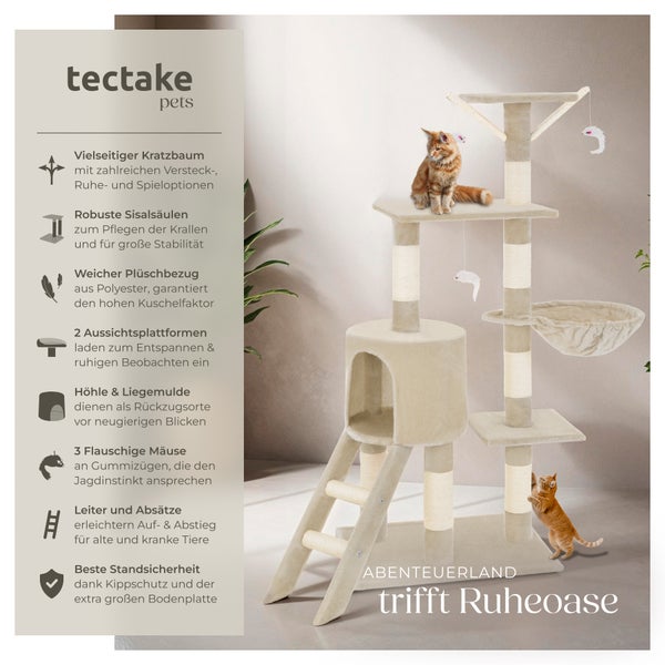 Kratzbaum tectake Dominik inklusive Treppe, 3 Spielmäusen und Kippschutz 144 cm beige