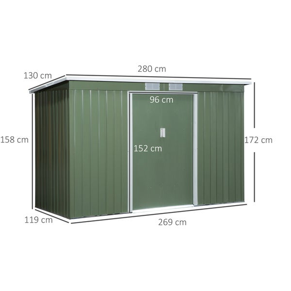 Outsunny Gerätehaus, Geräteschuppen mit Schiebetür, Lüftungsfenster, Pultdach, Outdoor, 280 x 130 x 172 cm, Stahl, Hellgrün