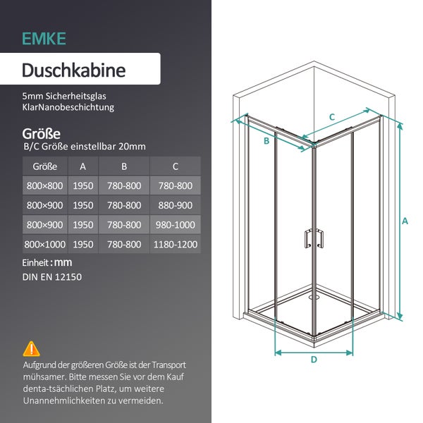 Technische Zeichnung einer EMKE Duschkabine mit Maßtabelle und Details zu 5 Millimeter Sicherheitsglas sowie Nanobeschichtung.
