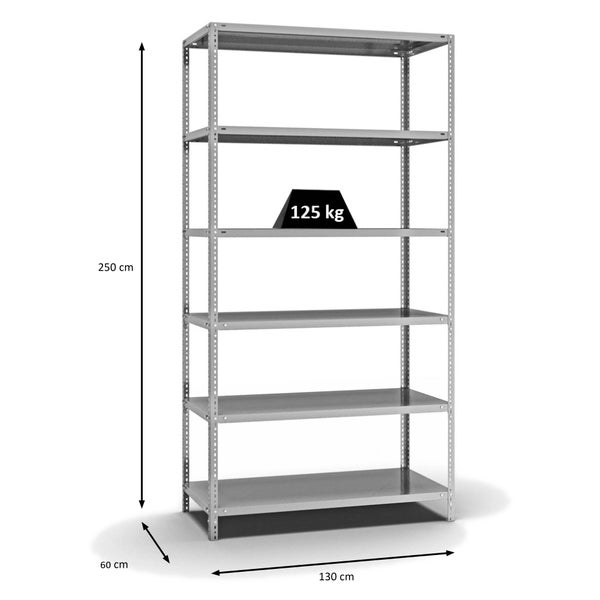 PROREGAL Fachbodenregal Schraubsystem Light-Duty Grundregal HxBxT 250 x 130 x 60 cm 6 Ebenen Fachlast 125 kg Beidseitig Nutzbar Verzinkt