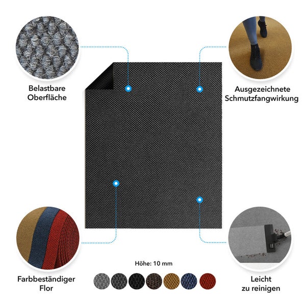 Schmutzfangmatte mit strapazierfähiger Oberfläche, guter Schmutzfangwirkung, farbbeständigem Flor und leichter Reinigung bei einer Höhe von 10 mm.