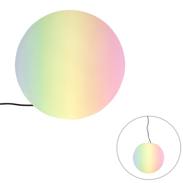 Kugelleuchte mit Regenbogen-Farbverlauf und schwarzem Kabel, Pendelleuchte in Kugelform.
