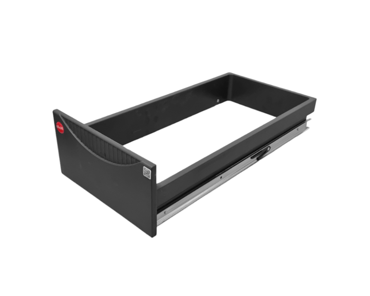 Auszugsrahmen für Schubladensysteme mit seitlichen Führungsschienen aus Metall.