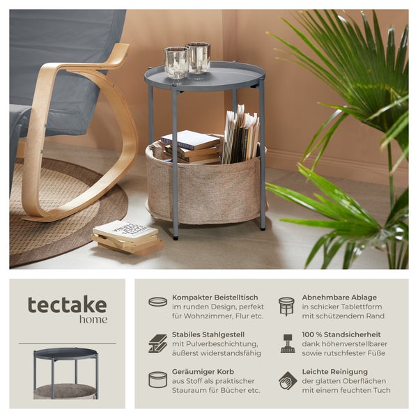 Beistelltisch mit Stahlgestell, Stoffkorb und abnehmbarer Tablettablage von tectake