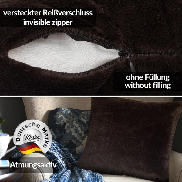 Braune Kunstfell-Kissenhülle mit verdecktem Reißverschluss, ohne Füllung, atmungsaktiv, deutsche Marke Kisska.