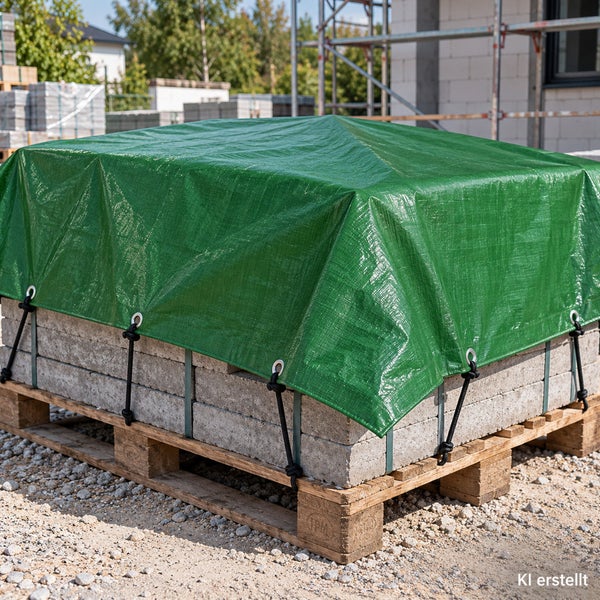 Eine wetterfeste Abdeckplane schützt einen Stapel Steinpflaster auf einer Holzpalette auf einer Baustelle.