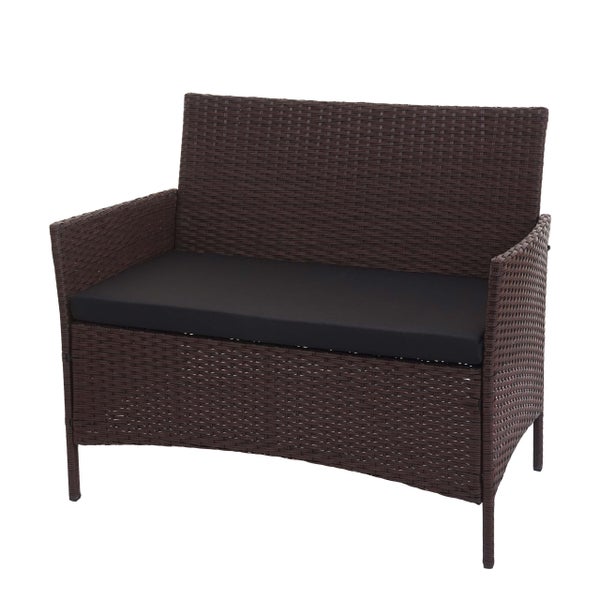 Gartenbank aus Polyrattan mit schwarzem Sitzkissen, braunes Geflecht, Zweisitzer.