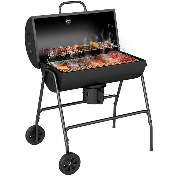Outsunny Holzkohlegrill aus Metall BBQ Smoker mit Deckel Thermometer Räder verstellbarer Kohlewanne Griff, fahrbar Grillwagen Holzkohle Grill, Kohlegrill für Barbeque Camping, Terrasse, 95x71,5x102 cm