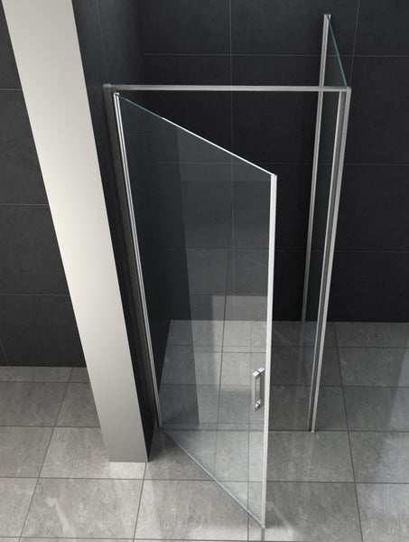 Geöffnete Duschkabine mit Tür aus Glas und Metall