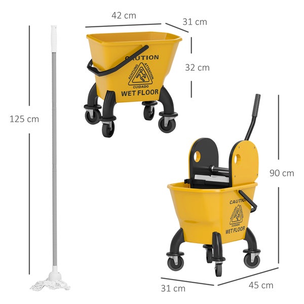 HOMCOM Putzwagen Reinigungswagen 26 Liter Eimer mit Presse, Wischwagen mit Griff und Mopp für Gebäudereinigung Gelb