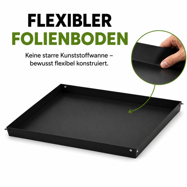 Schwarzer flexibler Folienboden für Growboxen, Detailaufnahme zeigt die Biegsamkeit des Materials durch eine Hand.