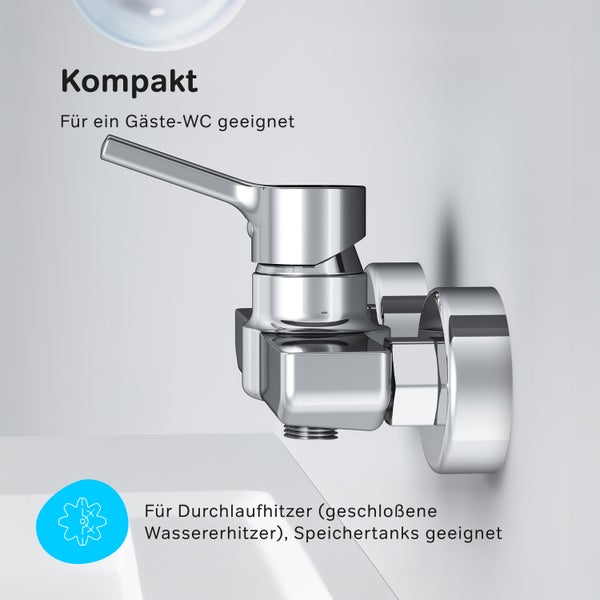 Wandarmatur als kompakte Armatur für das Gäste WC geeignet für Durchlaufhitzer und Speichertanks.