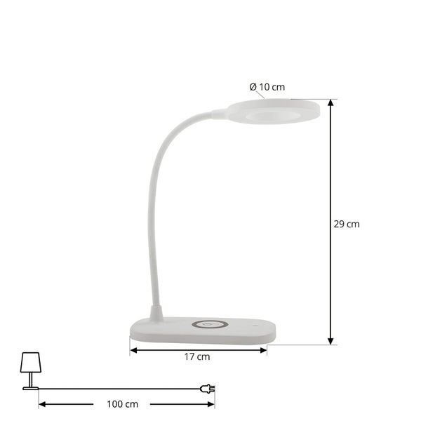 Weiße LED-Schreibtischleuchte, flexibler Hals, Höhe 29 Zentimeter, Fußlänge 17 Zentimeter, Kopfdurchmesser 10 Zentimeter, Kabel 100 Zentimeter.