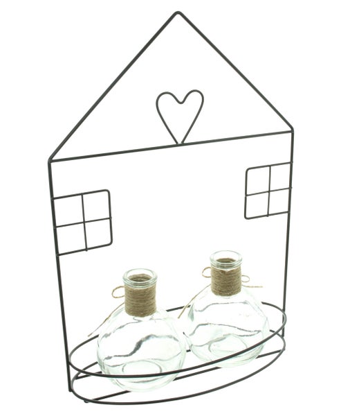 FRANK FLECHTWAREN|Vasenhalter Häuschen, 21,5 x 10 x 32 cm, METALL, GLAS, JUTE