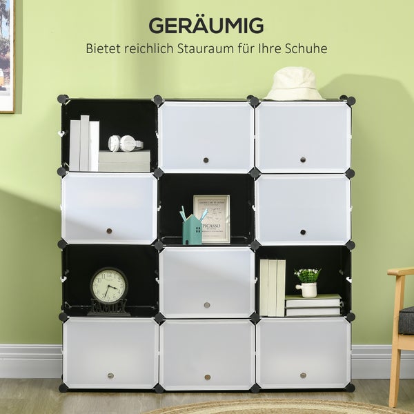 HOMCOM DIY Regalsystem mit 12 Würfeln stapelbar DIY-Würfelregal Schuhregal Aufbewahrungsregal Standregal Kleiderschrank von Büchern Spielzeug Schuhen Kunststoff Stahl Schwarz+Weiß 125 x 32 x 125 cm