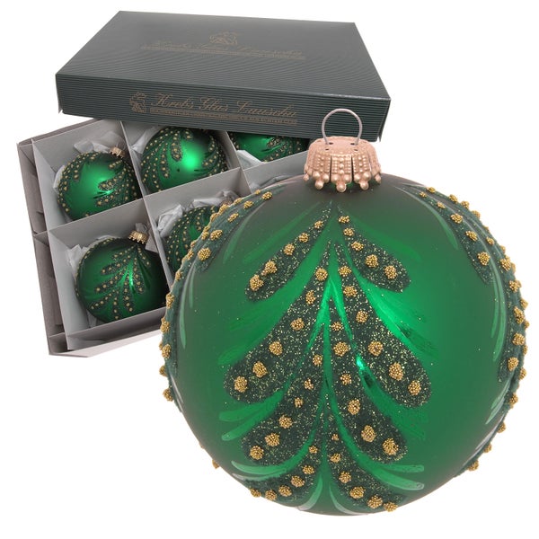 Set mit sechs grünen Christbaumkugeln mit Tannenbaum Motiv in einer Box